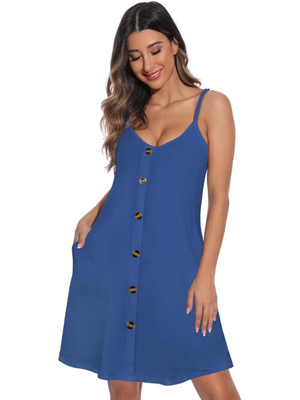 Women's Blue Summer Dresses Spaghetti Strap Button Down V Neck Sundress Beach - Picture 5 of 7